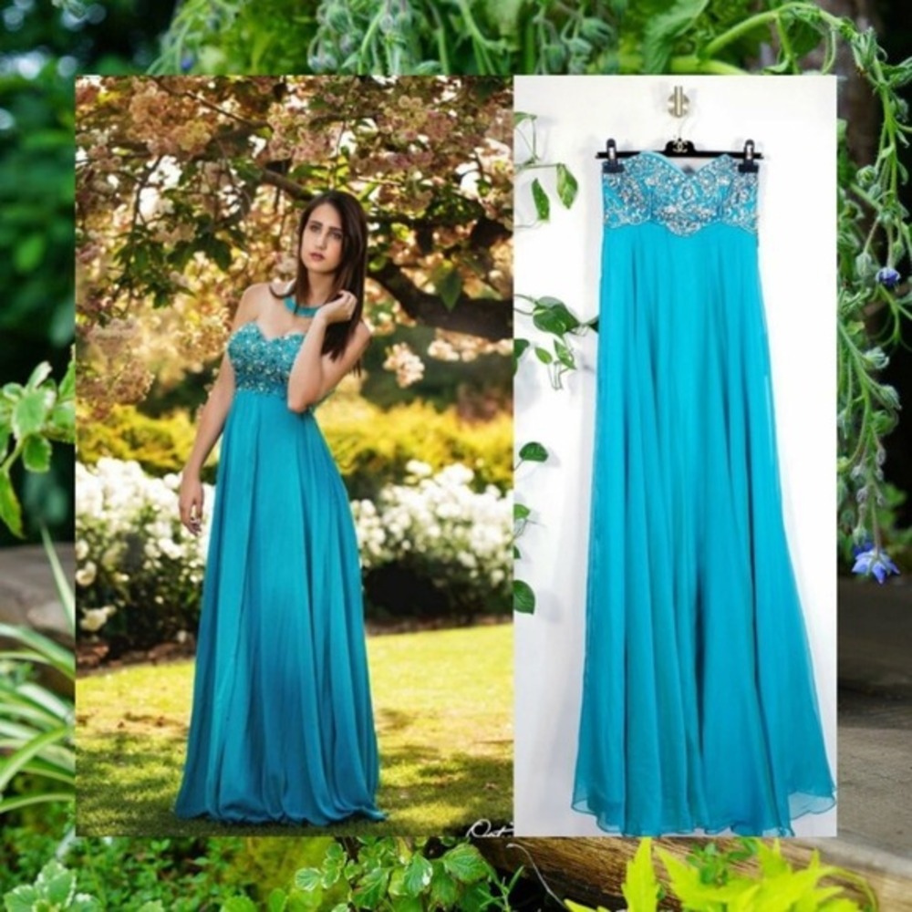 JADORE‎ Long Gown Maxi Dress 6 Small Aqua Blue Rhinestone Sparkle Flowy NEW